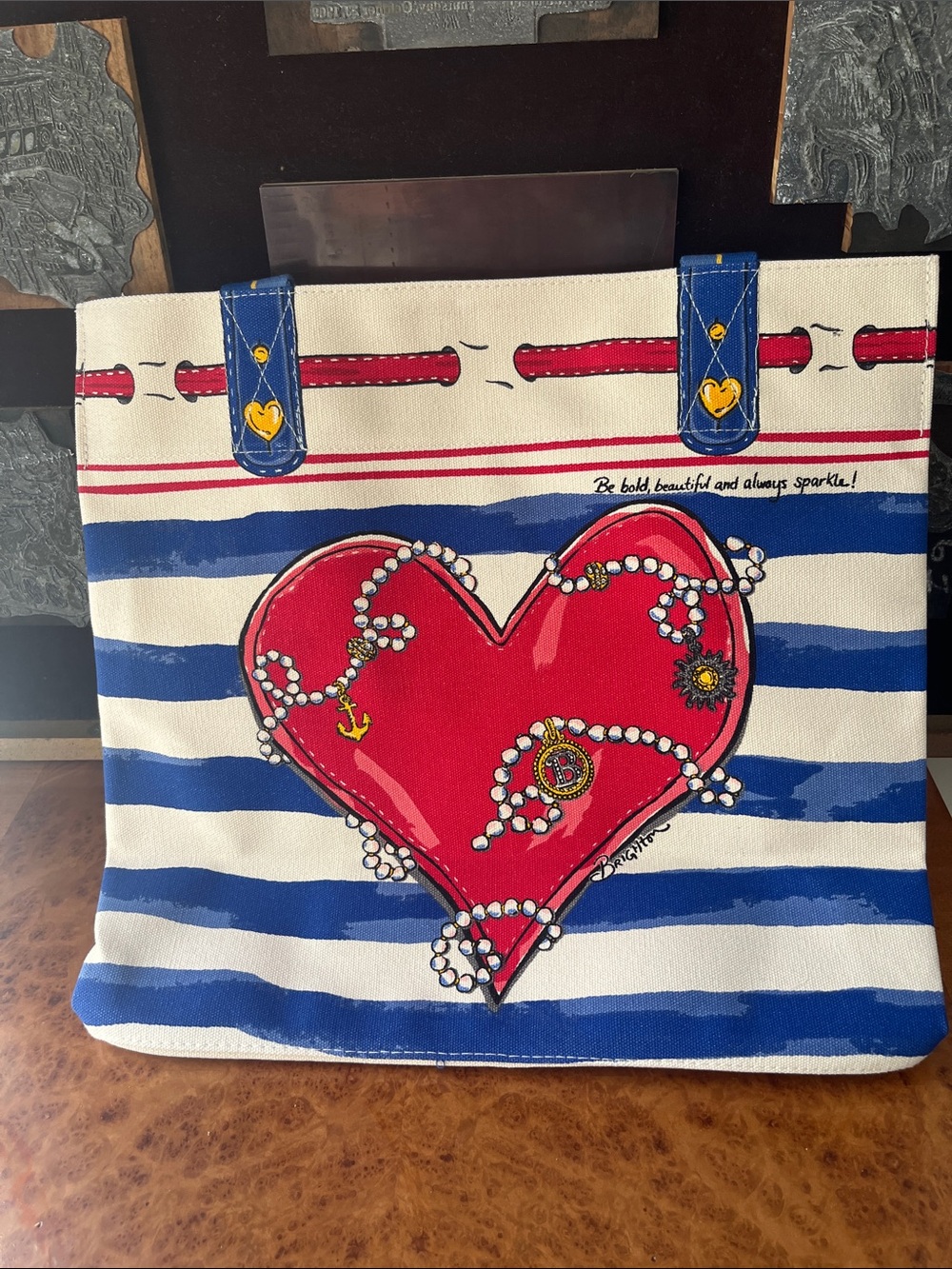 Brighton Blue & White Stripe Tote with Red Heart Motif